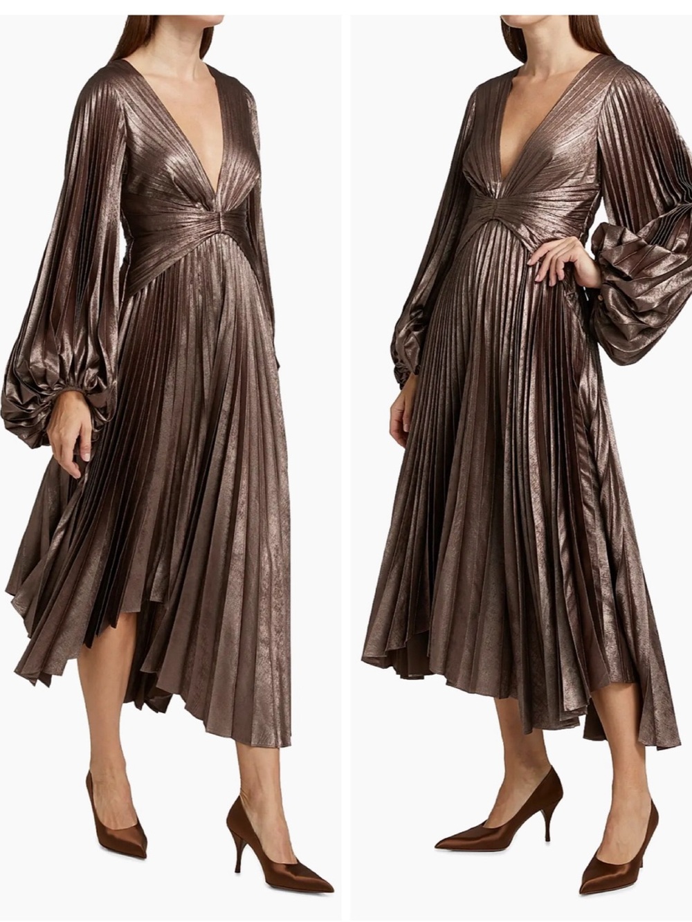 Acler Palms Pleated Satin Midi-Dress in Coffee Metallic size AU 8 US 4 Regalcore